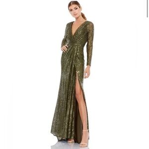 NWT Mac Duggal Olive Green Sequin Maxi Dress with Thigh High Slit Size 4